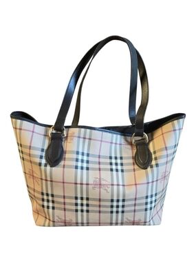 Burberry Plaid Tote in Beige with Black Straps and Pink Accents